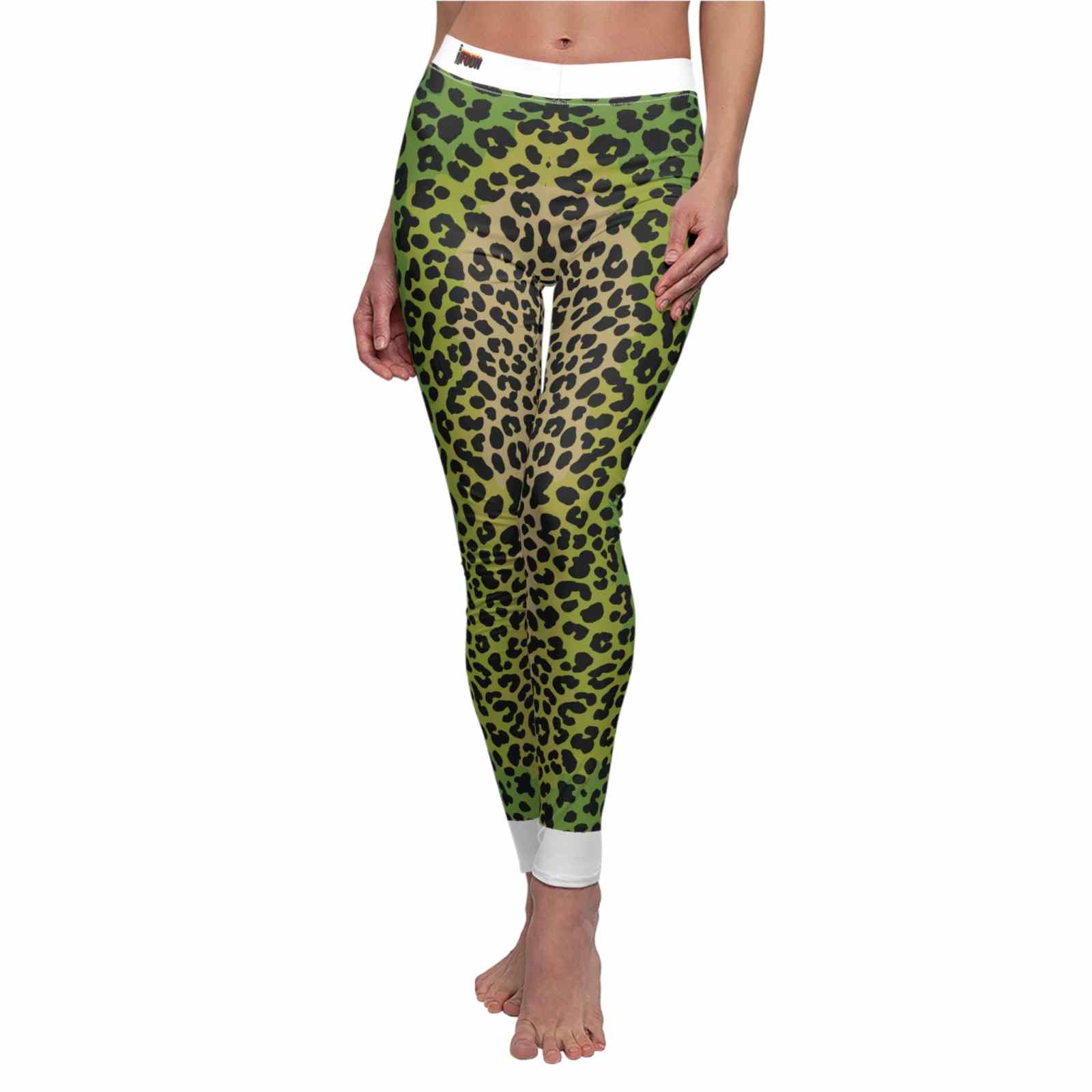 Close-up of a model in vibrant animal print leggings for women that highlight wild style yoga pants. These designer leggings feature a seamless high-waist design, ensuring optimal fit and flexibility. Ideal for diverse activities, they serve as both statement leggings and functional gym leggings with compression and squat-proof capabilities.