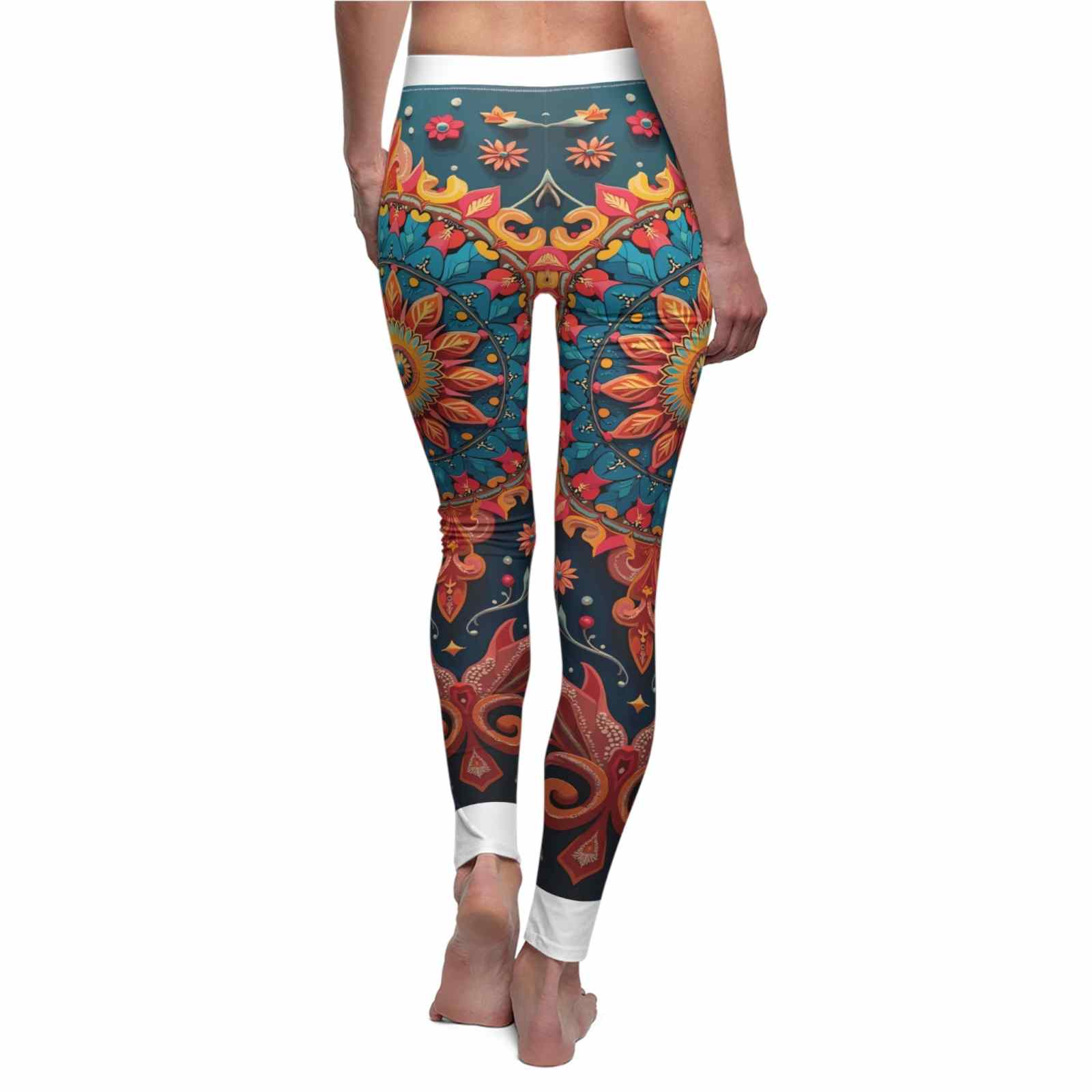 Back view of the Vibrant Bohemian Women's Leggings, highlighting the vivid artistic patterns. These designer leggings combine fashion and functionality as high-waist leggings that are both seamless and squat-proof. Enjoy maximum comfort and flexibility with these compression leggings, perfect for workouts or casual outings in a sport-luxe style.