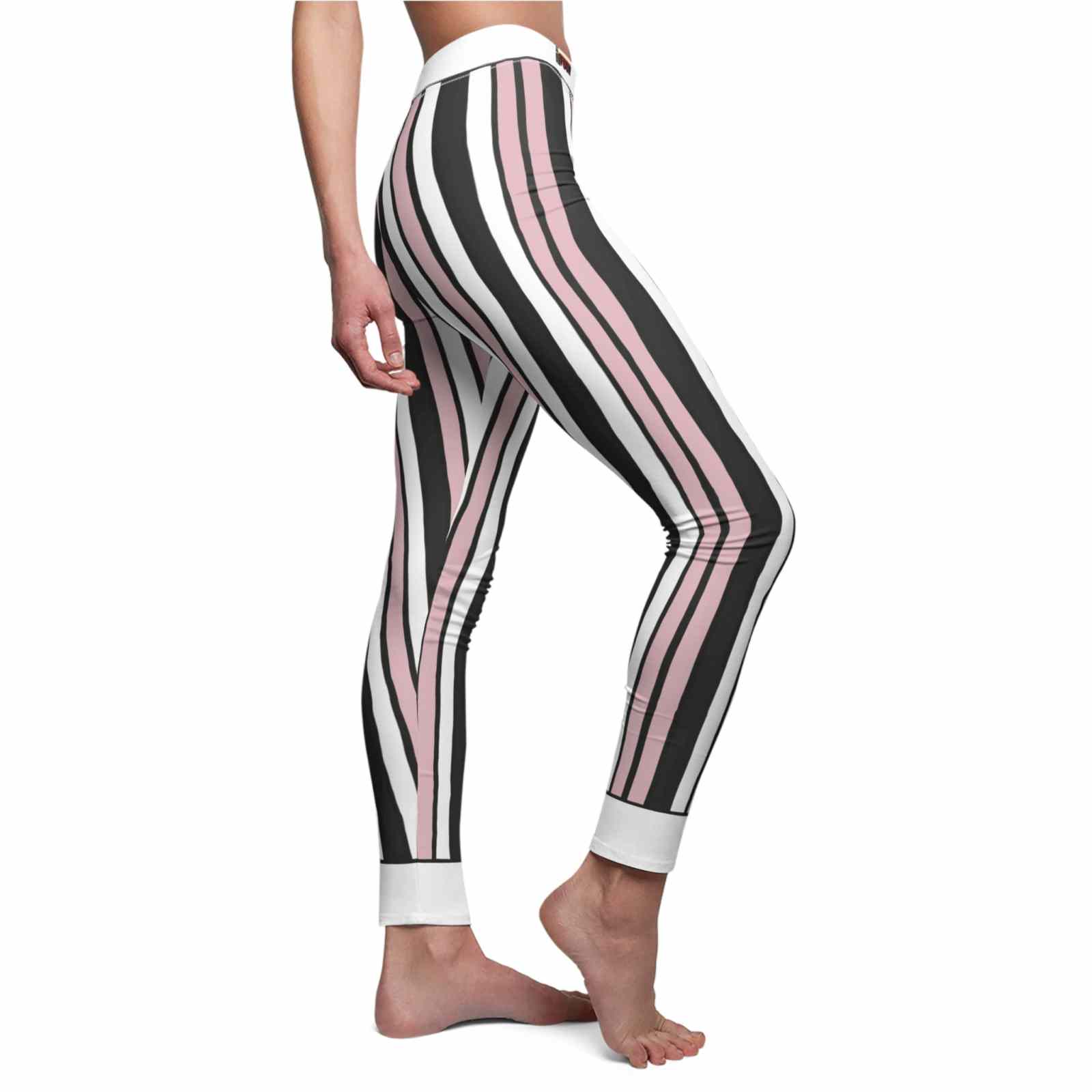 Side view of Trendy Women's Casual Leggings with stylish AOP design, showcasing a chic appearance perfect for everyday use. These designer leggings provide high-waist support while being squat-proof, offering 4-way stretch and compression for all activities. Great as seamless leggings for gym or athleisure wear.