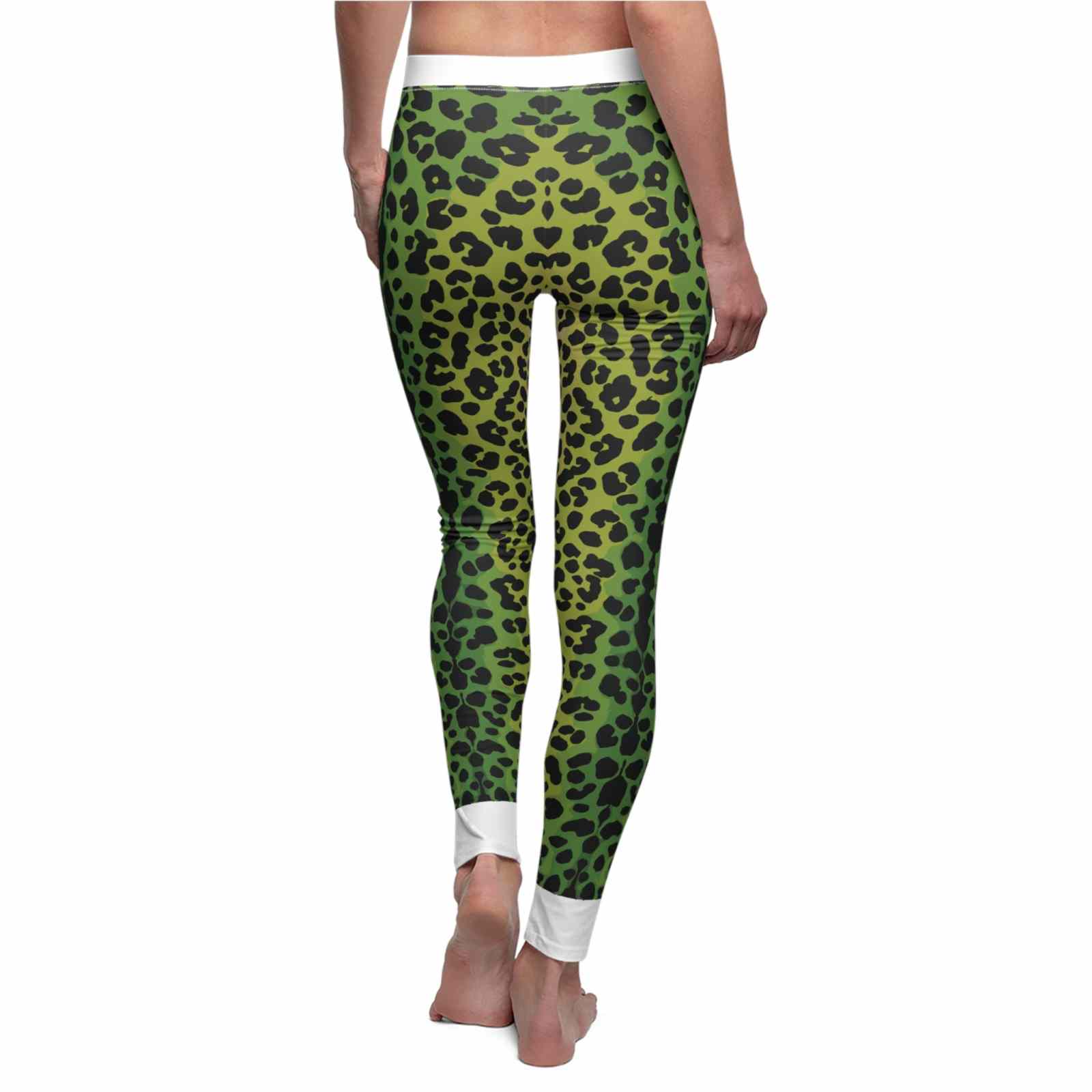 A model displays the back of Vibrant Animal Print Leggings for Women, featuring a bold leopard print. As high-waist leggings that are both squat-proof and seamless, these designer leggings offer compression and support, perfect for workouts or casual wear in athleisure styles.
