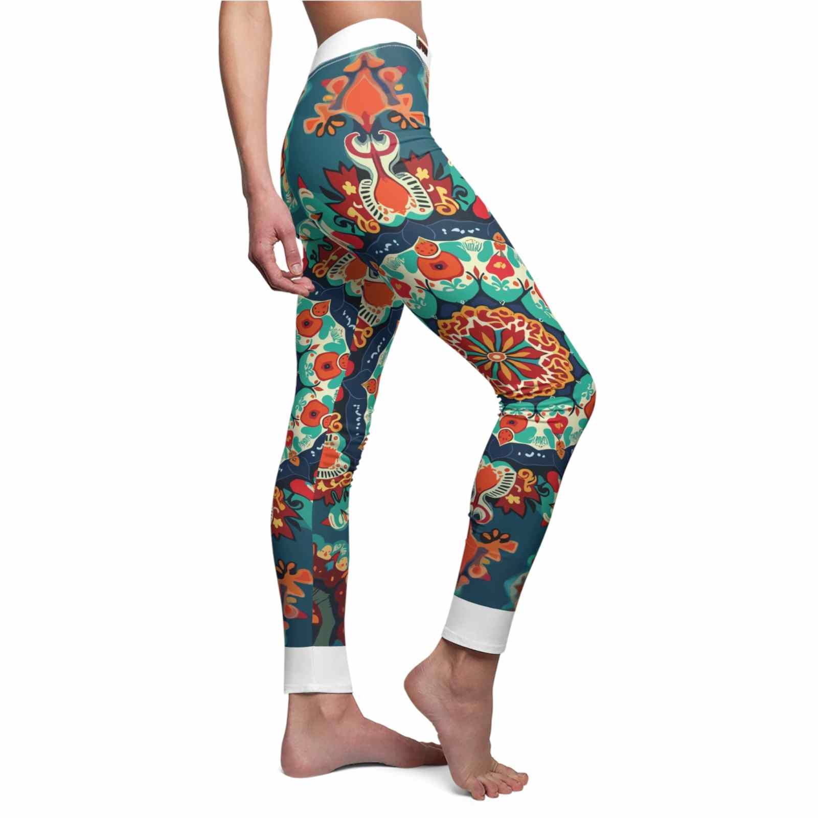Close-up side view of Bohemian Patterned Casual Leggings, featuring vibrant designs, for active lifestyle enthusiasts.