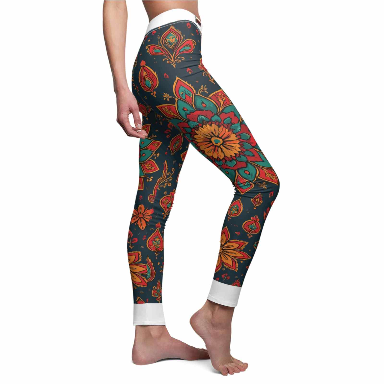 Close-up of the side of Bohemian Floral Leggings featuring intricate floral designs, perfect for yoga, fitness, and as a unique gift for her.