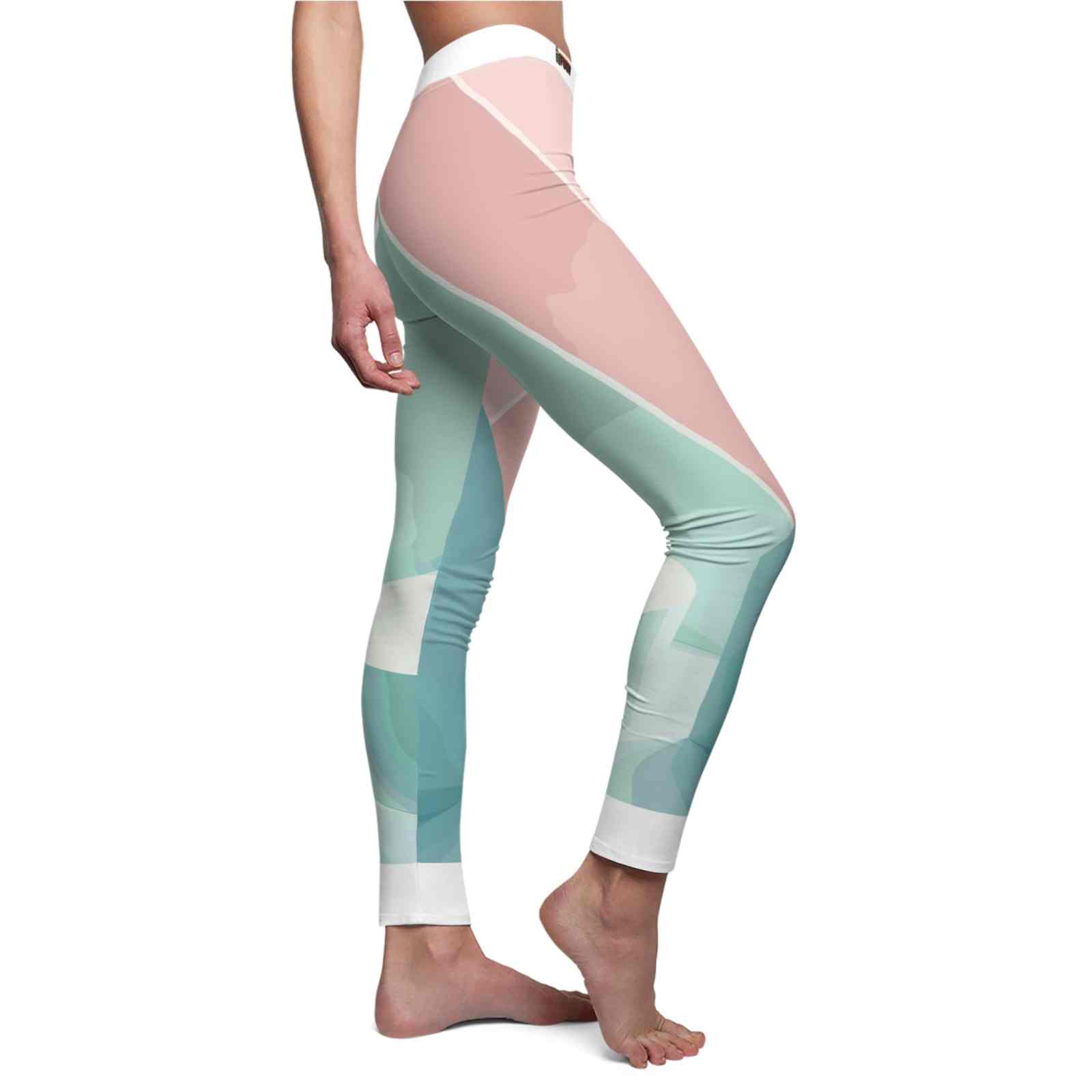 Side view of Casual Leggings featuring a vibrant abstract design, ideal for fitness, lounging, or yoga, highlighted on a model's leg.