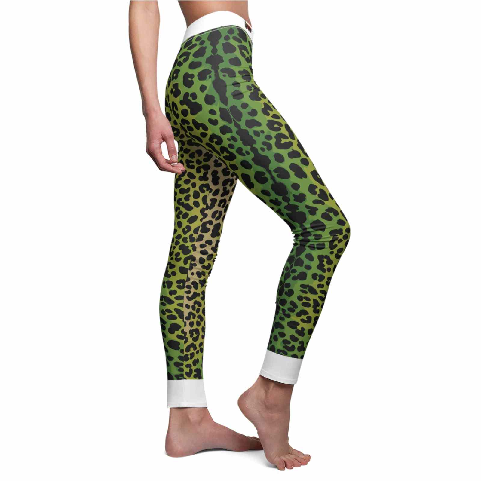 A close-up of Vibrant Animal Print Leggings for Women, featuring a unique jungle print. These statement leggings embody sport-luxe style with a high-waist design, providing a seamless and comfortable fit. Equipped with 4-way stretch, they're perfect for active lifestyles and gym sessions.