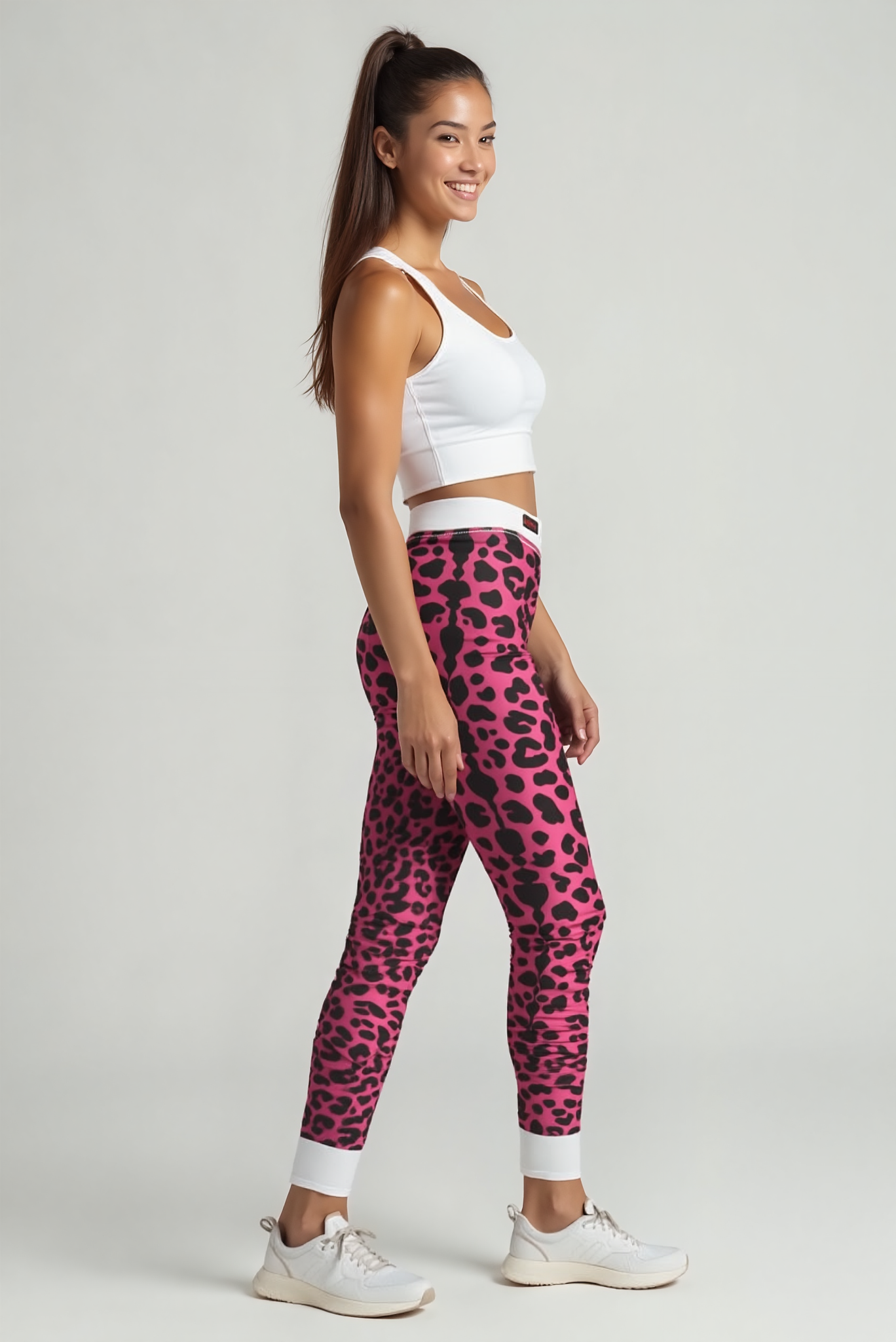 Model wearing Women's Pink Leopard Print Leggings that define athleisure style. These gym leggings are designed as statement leggings, featuring high-waist and seamless construction. Perfect for active lifestyles, they offer compression support and 4-way stretch, making them a must-have in your wardrobe.