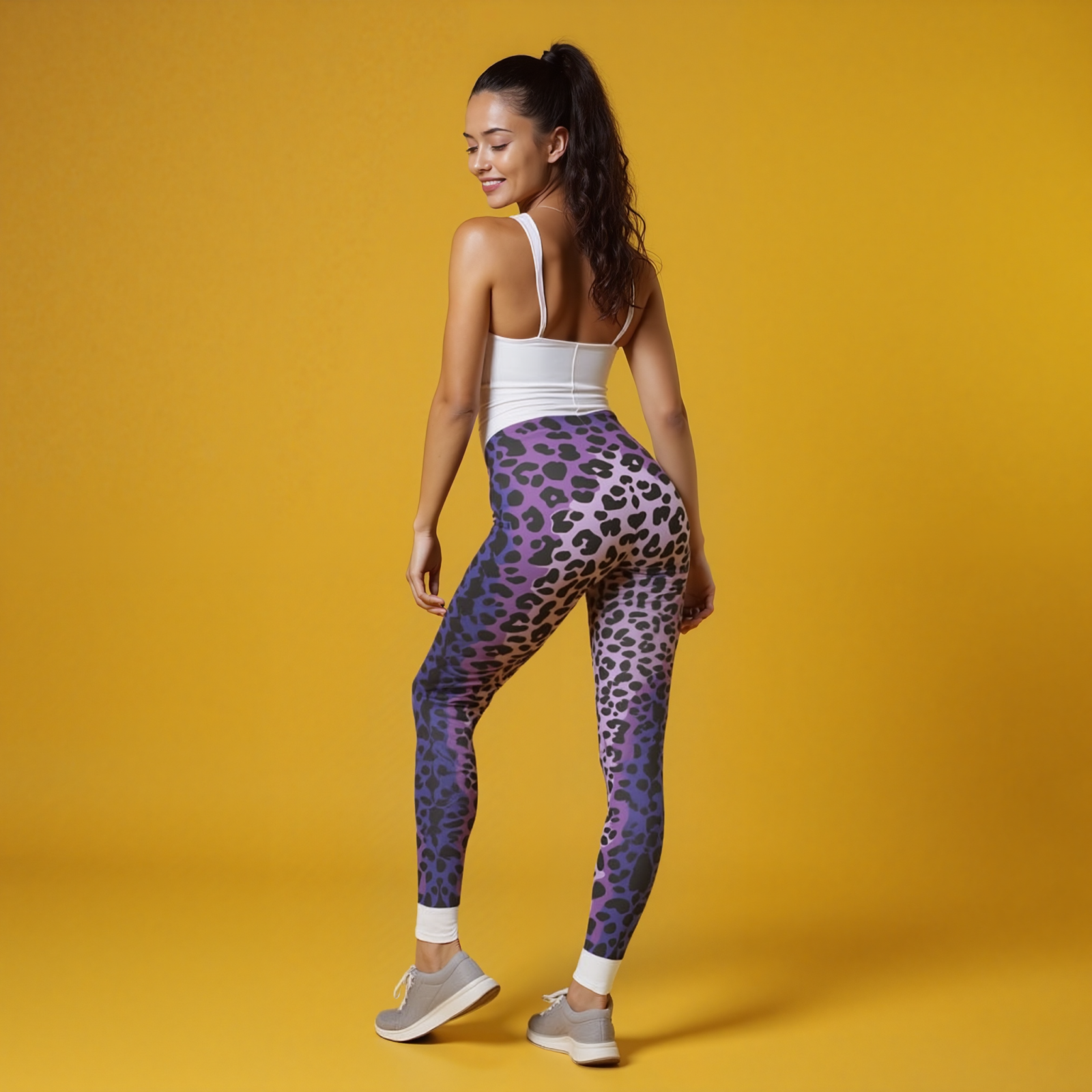 Elegant rear view of a model in Purple Leopard Print Casual Leggings, designed to make a statement while providing the comfort of designer leggings and high-waist styles, enhanced with compression and seamless technology.