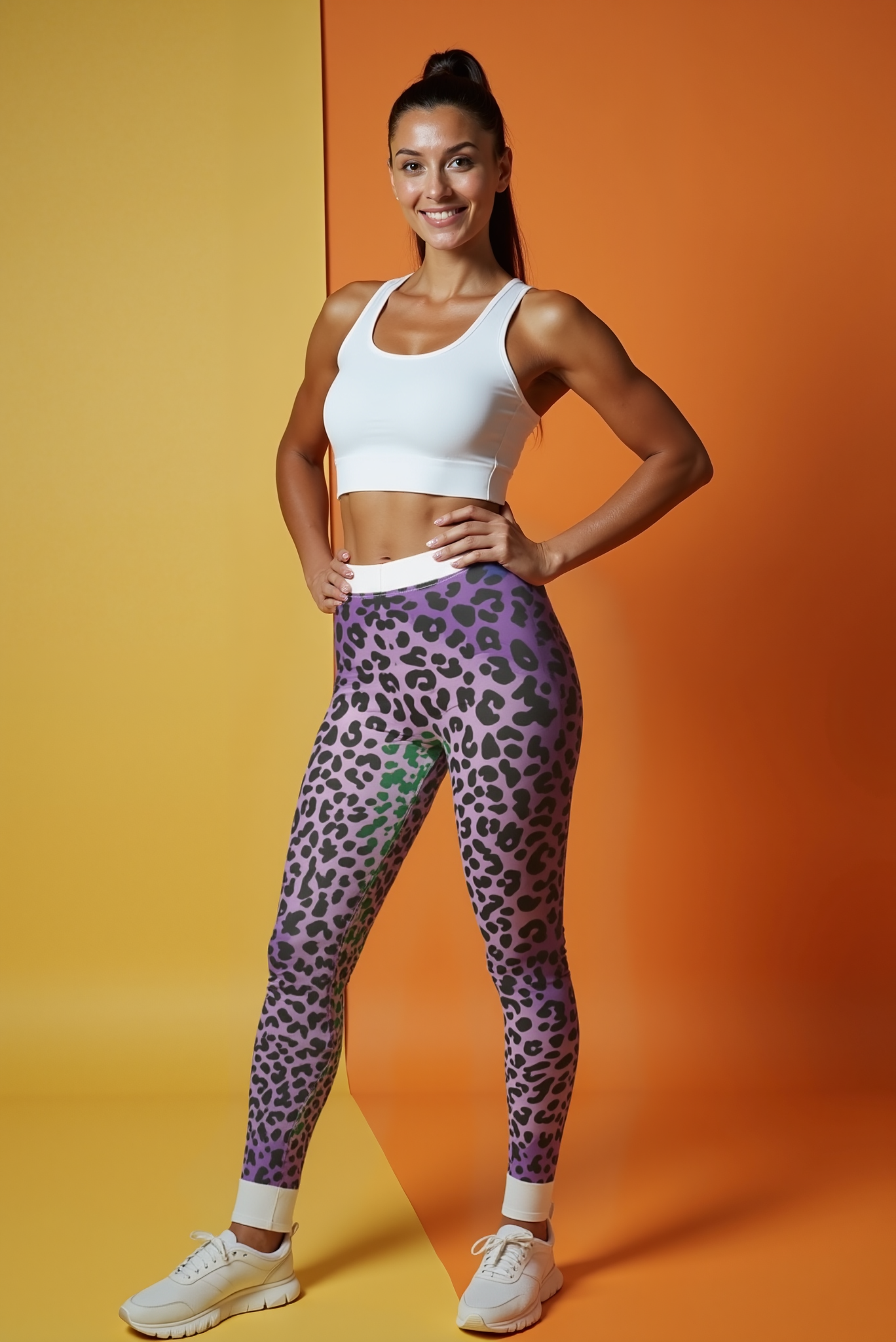 Model showcasing Trendy Women's Animal Print Leggings in leopard print, smiling and posing against a colorful orange backdrop.