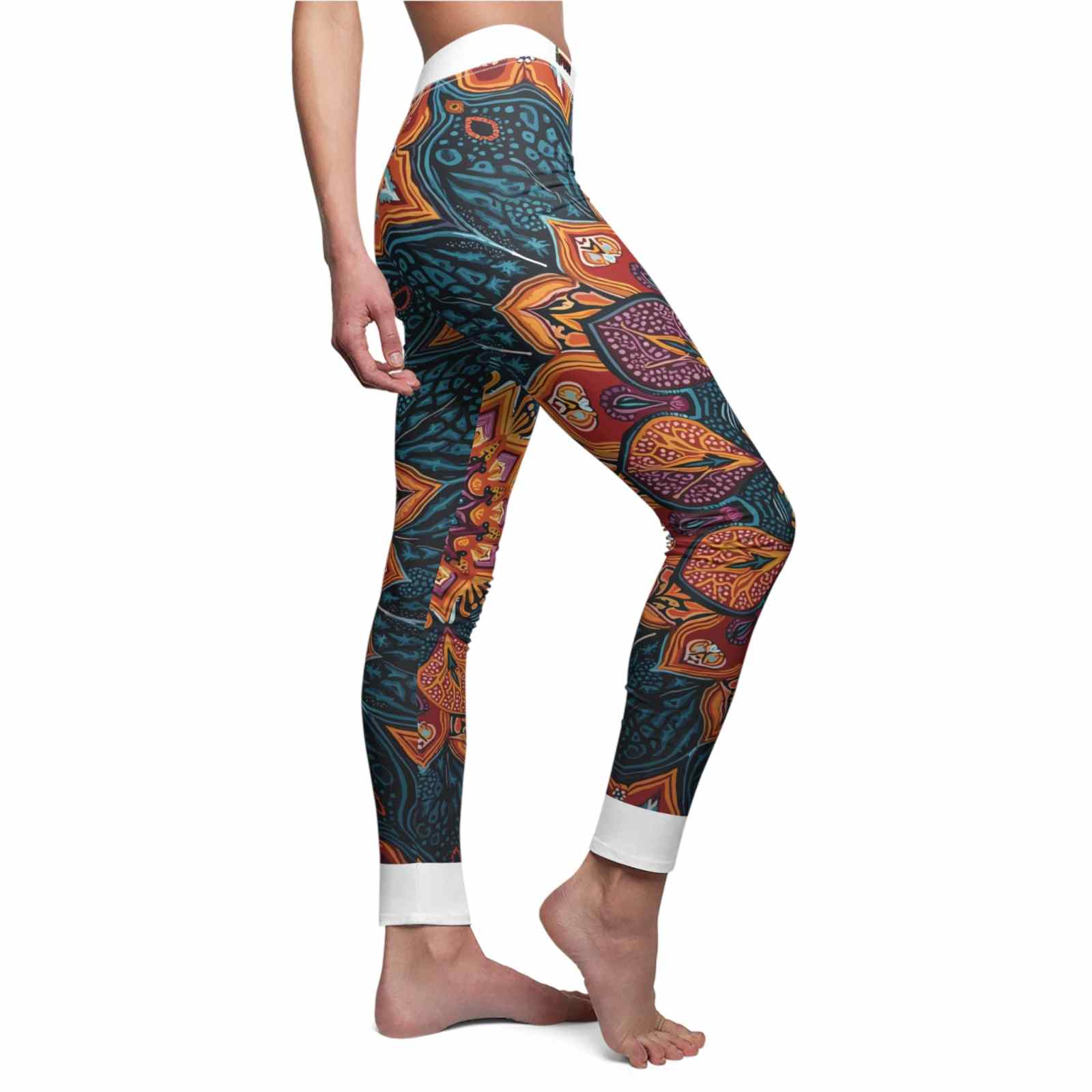 Casual leggings with vibrant mandala design, showcasing a unique side view with colorful patterns perfect for active living and yoga.