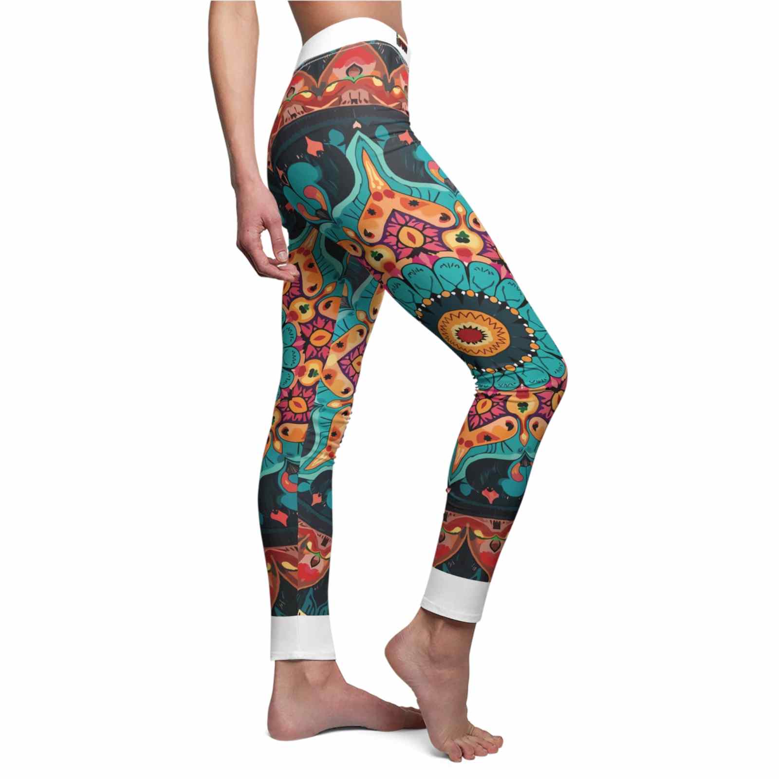 Vibrant Bohemian Print Leggings for Comfort & Style, featuring a side view of the model highlighting the bold patterns and high-waist design of these designer leggings. These sport-luxe leggings are perfect for yoga, casual outings, or dance, offering both functionality and flair. With their seamless fit and squat-proof capabilities, they ensure maximum comfort during any activity.