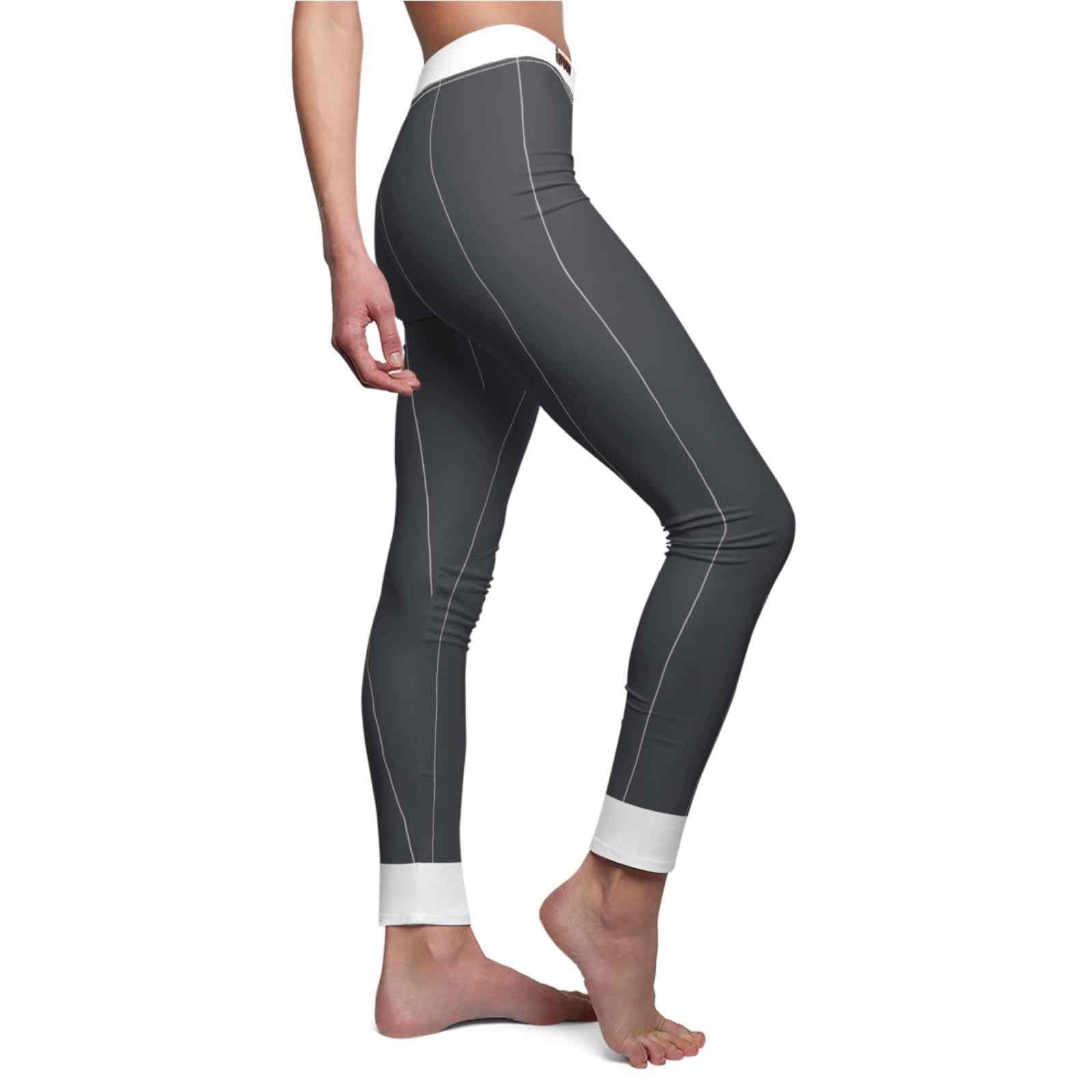 Side profile of fashionable women's casual leggings by Printify, demonstrating a sleek silhouette and a perfect fit for yoga and casual use.