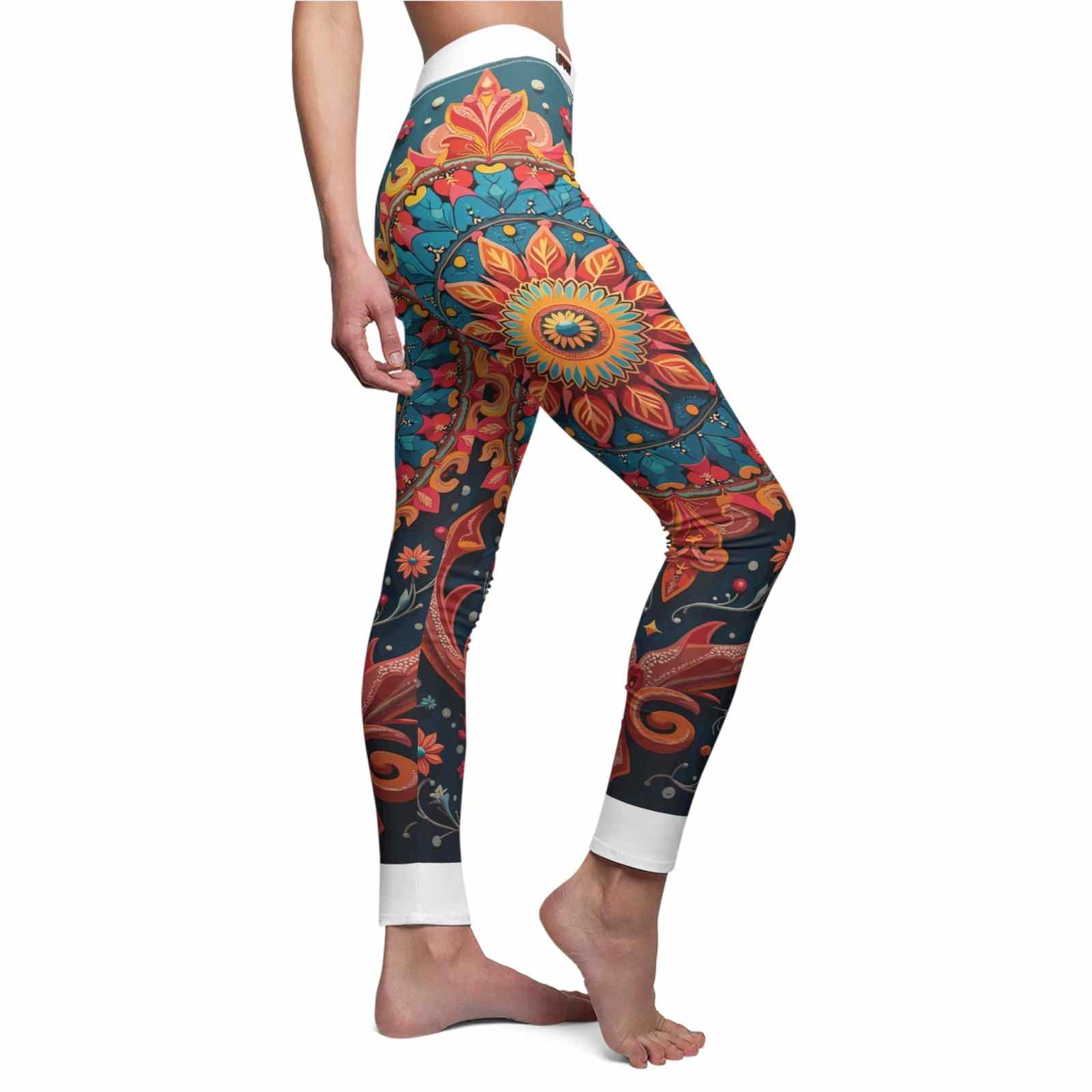 Vibrant Bohemian Women's Leggings showcasing an intricate floral design, perfect for casual wear and festivals. These statement leggings are made by a star designer, featuring high-waist and compression leggings for full support. Ideal for yoga and gym workouts, they offer a sport-luxe look, with 4-way stretch and squat-proof technology, making them a great choice for athleisure.