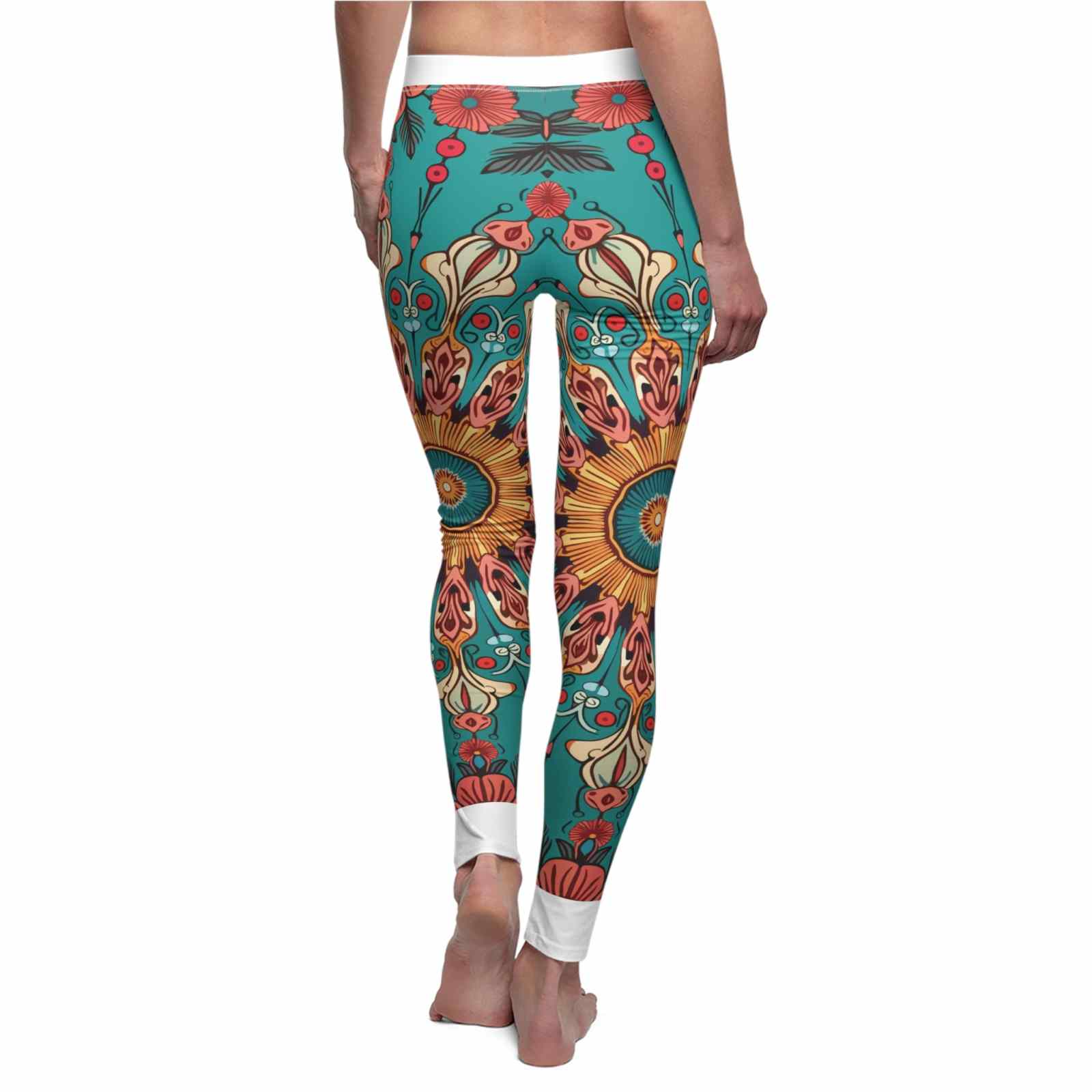 Back view of Vibrant Floral Women's Leggings showcasing the unique artwork by designer Christofffe. These sport-luxe leggings are high-waist and made for movement, providing compression and support without compromising style. Enjoy the comfort of seamless and squat-proof leggings designed for both the gym and casual wear.