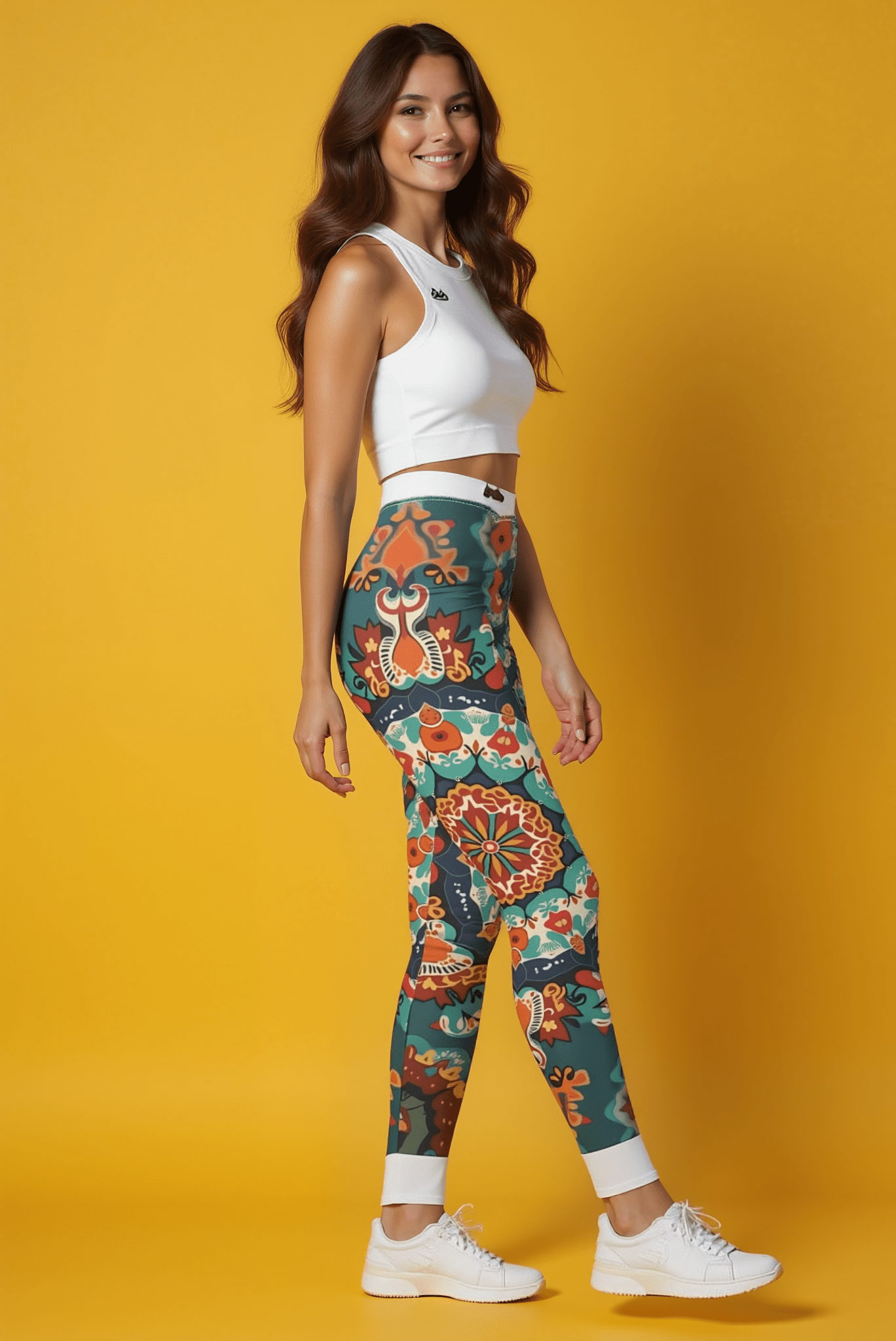 Side view of a model wearing Bohemian Patterned Casual Leggings, demonstrating stylish workout clothing for active lifestyle.