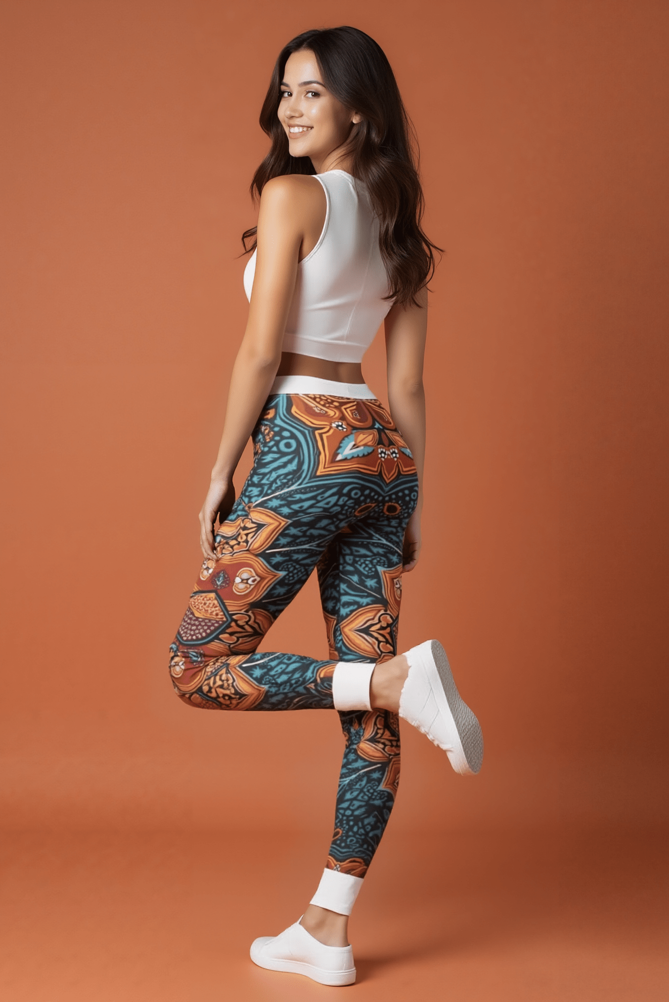 Back view of a model wearing casual leggings with vibrant mandala design, highlighting comfortable and trendy activewear.