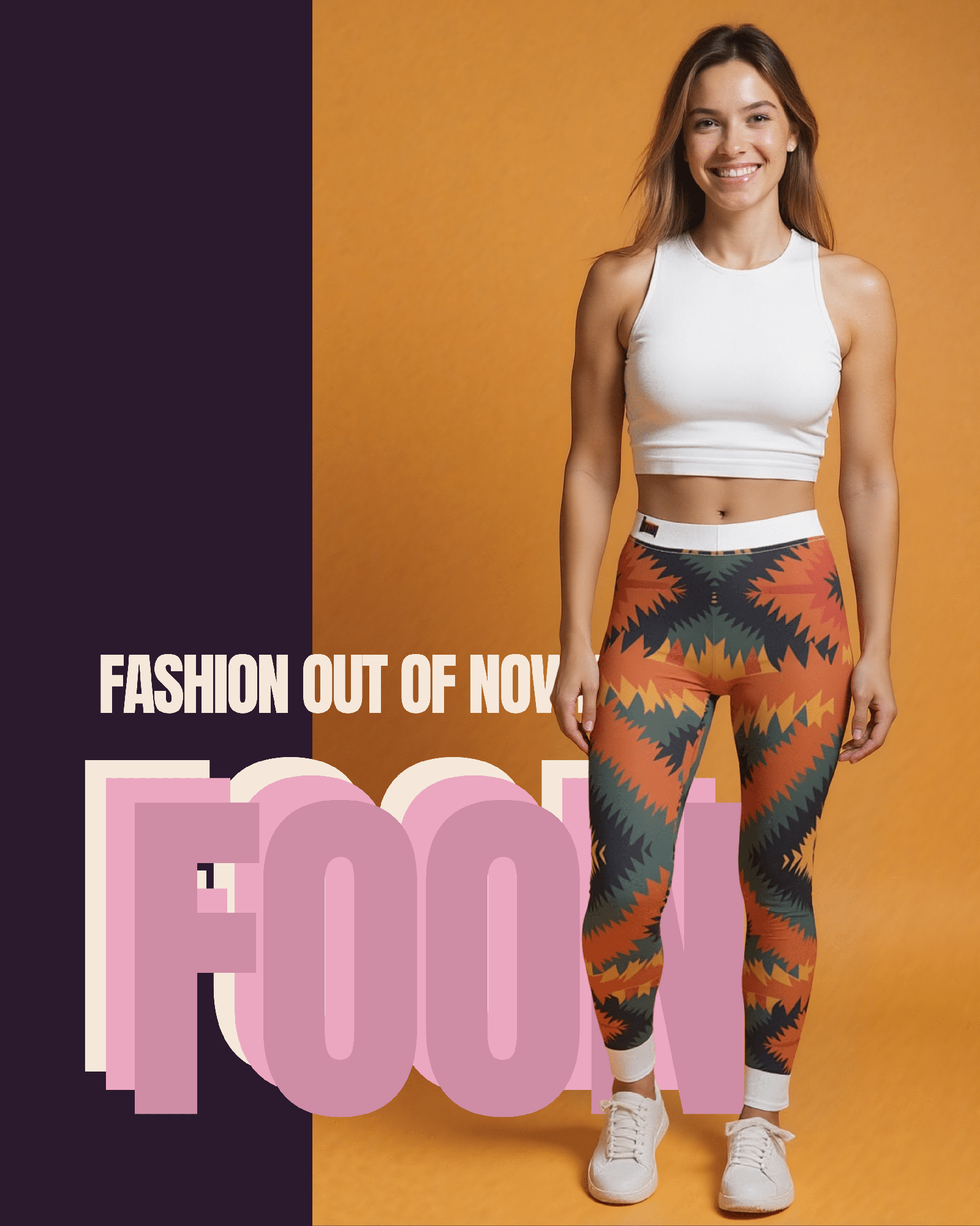 Frau trägt einzigartige Designer-Leggings mit buntem geometrischem Muster, weißes Sporttop, nachhaltige Yoga- und Sportleggings, hoher Bund, atmungsaktiv und bequem.