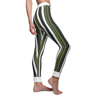 Stylish Women's Cut & Sew Casual Leggings - Striped Dark Olive Green and Black Activewear side view showcasing statement leggings, designer leggings, sport-luxe leggings, high-waist leggings, squat-proof leggings, 4-way stretch leggings, compression leggings, seamless leggings, gym leggings, and athleisure leggings.