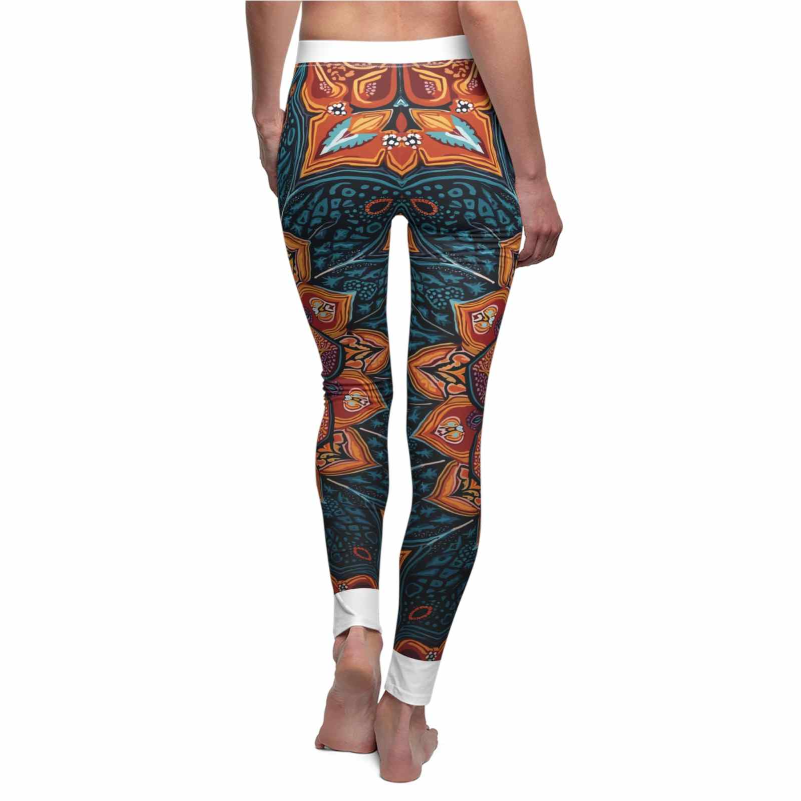 Back view of casual leggings with vibrant mandala design, emphasizing comfort and style for fitness wear, ideal for yoga or casual outings.