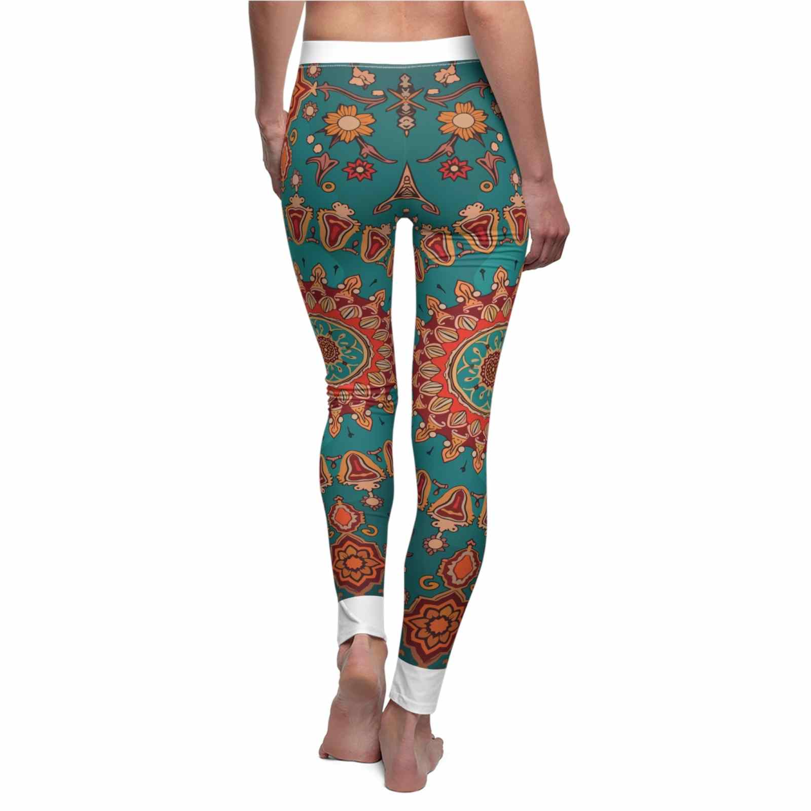 A model displaying the back view of vibrant Boho women's leggings, showcasing the unique artistic pattern. These statement leggings combine style and performance as high-waist leggings that offer 4-way stretch and seamless design for ultimate comfort. Perfect for gym sessions or daily wear, these squat-proof leggings elevate your athleisure game.
