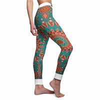 Detail of vibrant Boho women's leggings, highlighting the intricate design and color palette. These sport-luxe leggings are designed as high-waist leggings, perfect for achieving a flattering fit. With features like 4-way stretch, compression support, and squat-proof material, they are ideal for both workouts and casual wear as comfortable athleisure leggings.
