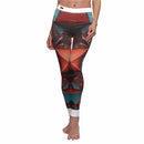 Close-up of vibrant stylish abstract print leggings for women, designed for yoga and fitness. These leggings are high-waisted and offer a unique design by a renowned designer, showcasing sport-luxe appeal. Made from compression fabric, they are squat-proof and feature 4-way stretch technology. Perfect as seamless gym leggings, they combine style and comfort for an essential athleisure look.