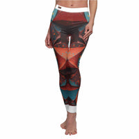 Close-up of vibrant stylish abstract print leggings for women, designed for yoga and fitness. These leggings are high-waisted and offer a unique design by a renowned designer, showcasing sport-luxe appeal. Made from compression fabric, they are squat-proof and feature 4-way stretch technology. Perfect as seamless gym leggings, they combine style and comfort for an essential athleisure look.