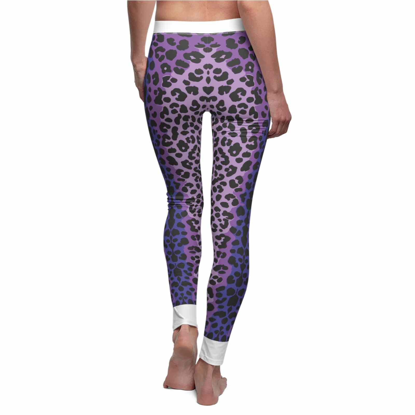 Back view of Trendy Women's Animal Print Leggings featuring vibrant purple and black leopard print, ideal for fitness gear and stylish wear.