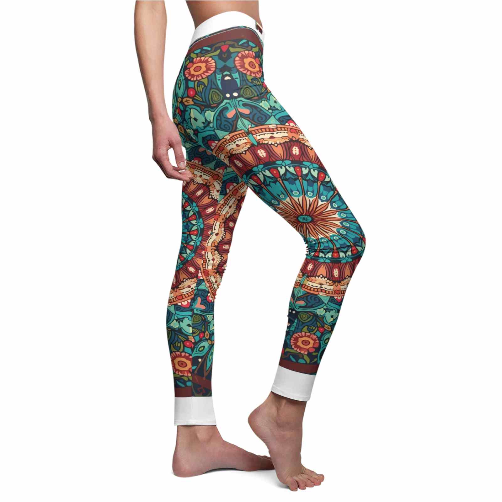 Vibrant Kaleidoscope Women's Leggings showcase a colorful design ideal for fashion-forward individuals. The high-waist construction ensures a flattering fit while being squat-proof and seamless. Perfect for gym sessions or casual outings, these designer leggings combine sport-luxe style with functionality, offering 4-way stretch and compression features that make these athleisure leggings a must-have.
