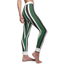 Chic Striped Leggings for Women, featuring a stylish green and black striped design, perfect for casual wear or active lifestyle. These designer leggings offer comfort and style with high-waist and squat-proof features, making them great for yoga, workouts, or loungewear. Ideal choice for those seeking sport-luxe leggings, these seamless and compression leggings provide a flattering fit and are crafted with 4-way stretch, making them perfect gym leggings or athleisure leggings.