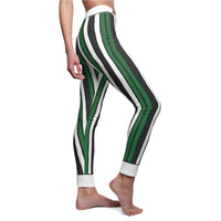 Chic Striped Leggings for Women, featuring a stylish green and black striped design, perfect for casual wear or active lifestyle. These designer leggings offer comfort and style with high-waist and squat-proof features, making them great for yoga, workouts, or loungewear. Ideal choice for those seeking sport-luxe leggings, these seamless and compression leggings provide a flattering fit and are crafted with 4-way stretch, making them perfect gym leggings or athleisure leggings.
