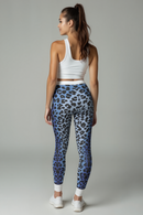 Back view of the Blue Leopard Print Leggings for Women, ideal for casual activewear, fitness, yoga, and versatile loungewear.