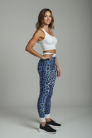 Blue Leopard Print Leggings for Women displayed side view, showcasing casual activewear perfect for fitness, yoga, loungewear, and stylish athleisure bottoms.