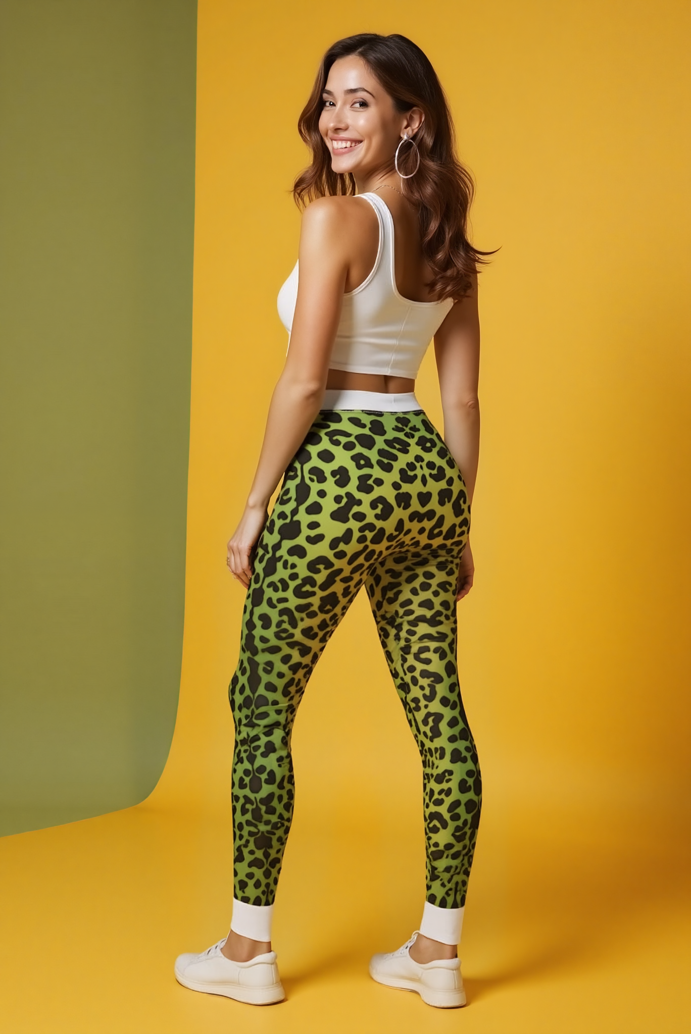 Back view of a model wearing Vibrant Animal Print Leggings for Women, showcasing their chic leopard design and perfect fit. These squat-proof and high-waist leggings are ideal for diverse activities, blending compression and comfort in stylish statement leggings that work as athleisure and gym leggings.
