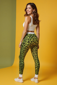 Back view of a model wearing Vibrant Animal Print Leggings for Women, showcasing their chic leopard design and perfect fit. These squat-proof and high-waist leggings are ideal for diverse activities, blending compression and comfort in stylish statement leggings that work as athleisure and gym leggings.