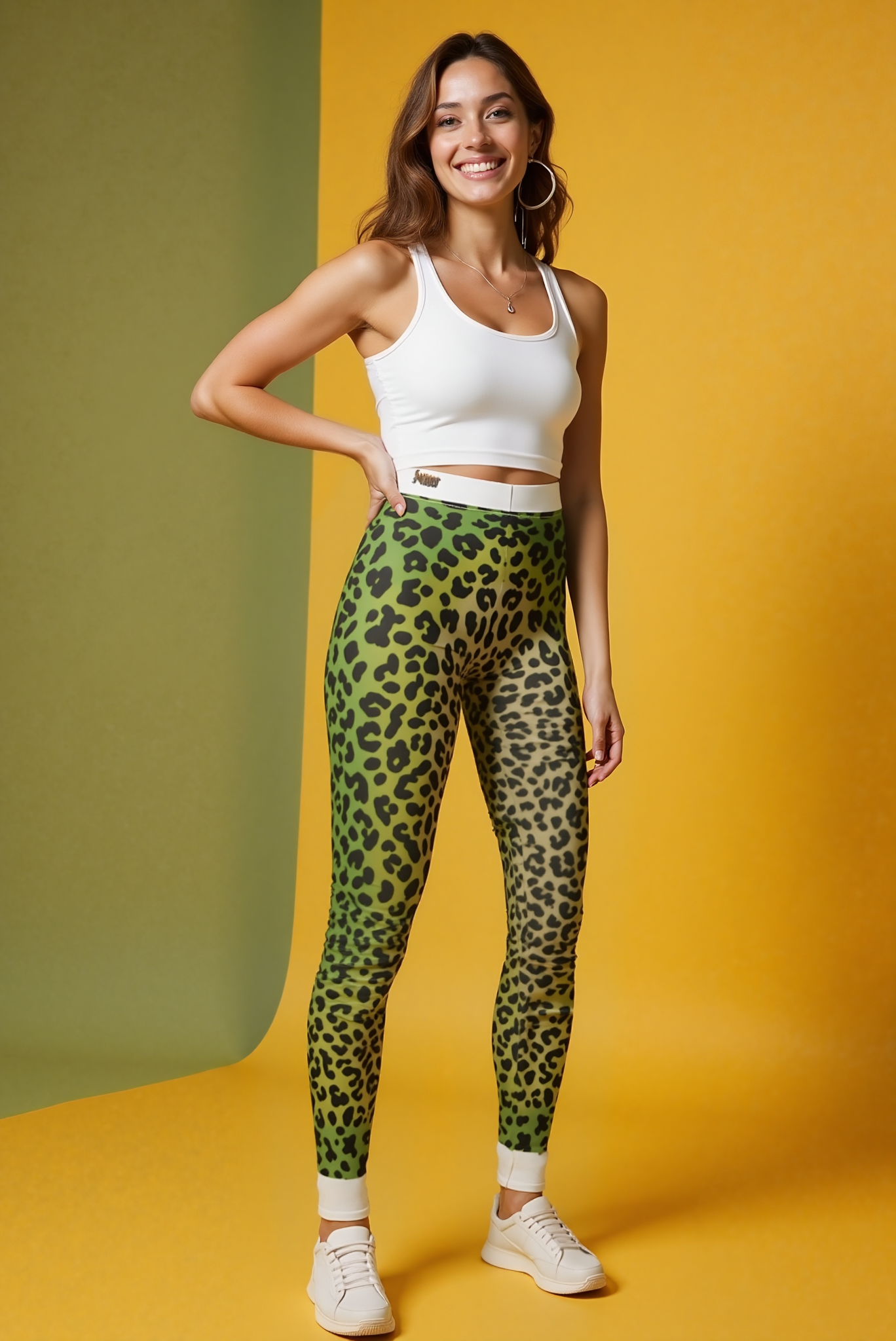 A model showcases Vibrant Animal Print Leggings for Women, featuring a stylish jungle print. These statement leggings are made with high-waist design, perfect for comfortable wear during workouts and in athleisure settings. Ideal as squat-proof leggings, these designer leggings combine sport-luxe style with 4-way stretch and seamless comfort, making them perfect gym leggings.