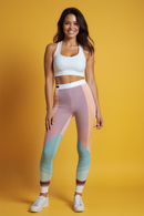 Women's Casual Leggings with Abstract Design – Trendy Yoga Pants, Comfortable Lounge Wear, Fashionable Activewear. Model posing confidently in bright yellow with a close-up on the leggings.
