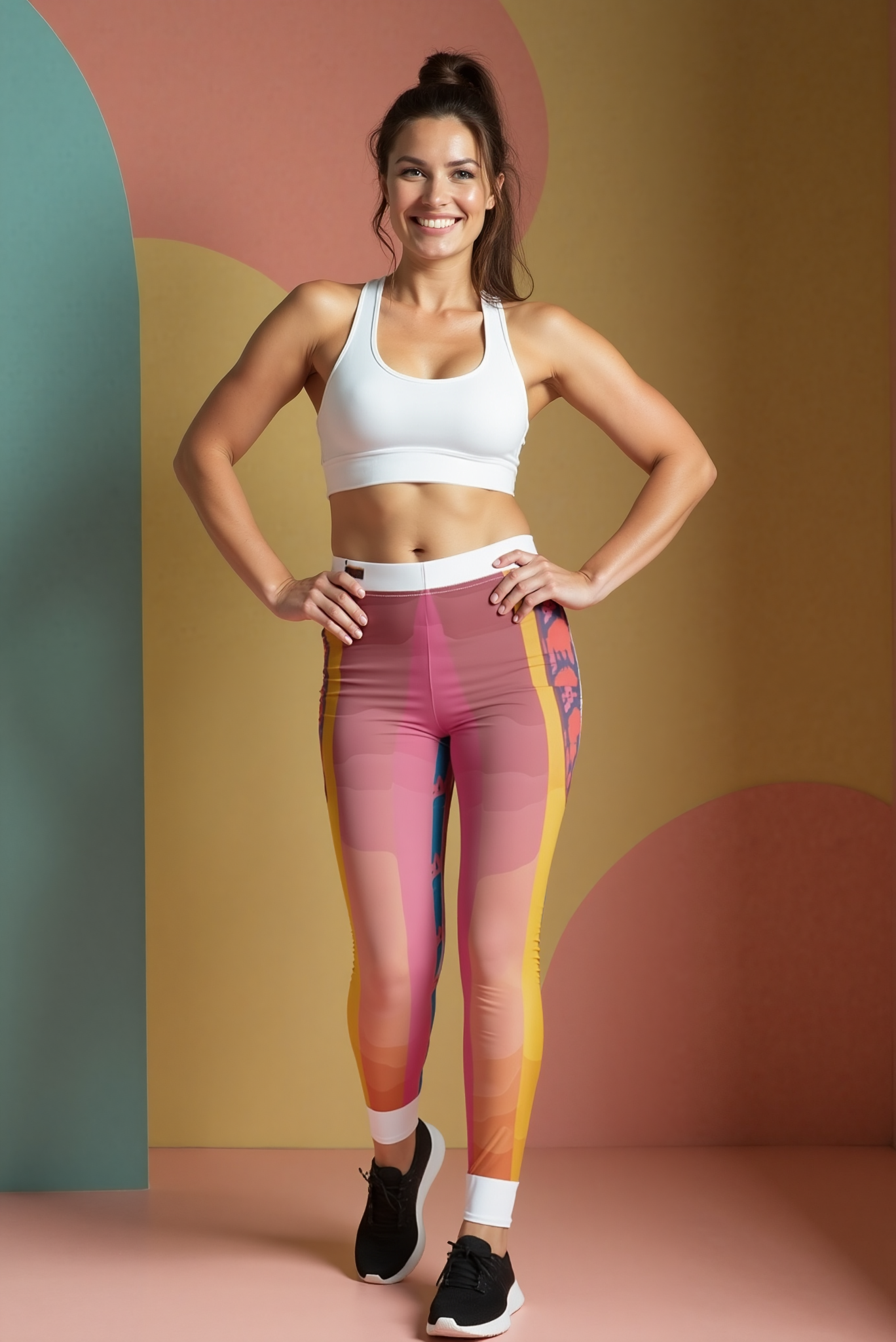 Model wearing vibrant Women's Casual Leggings in a trendy design, showcasing high-waist construction and a comfortable fit perfect for athleisure. These statement leggings are seamless, squat-proof, and feature 4-way stretch for optimal mobility in any activity.