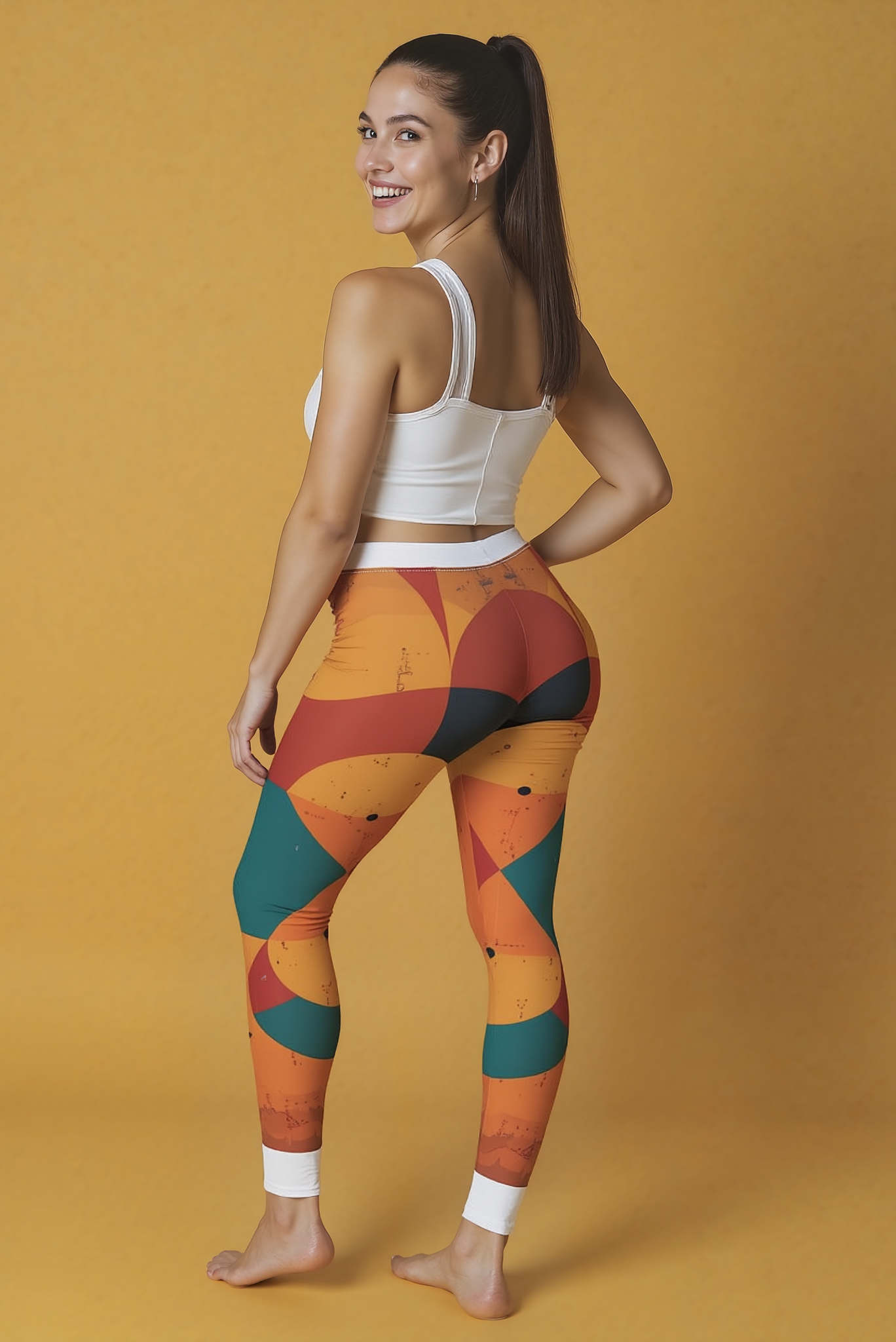 Back view of a model in stylish women's casual leggings, AOP print activewear, showcasing the colorful design and fit. These athleisure leggings are not only fashionable but offer functionality with their high-waist, seamless design and compression fit, making them perfect for workouts or casual wear.