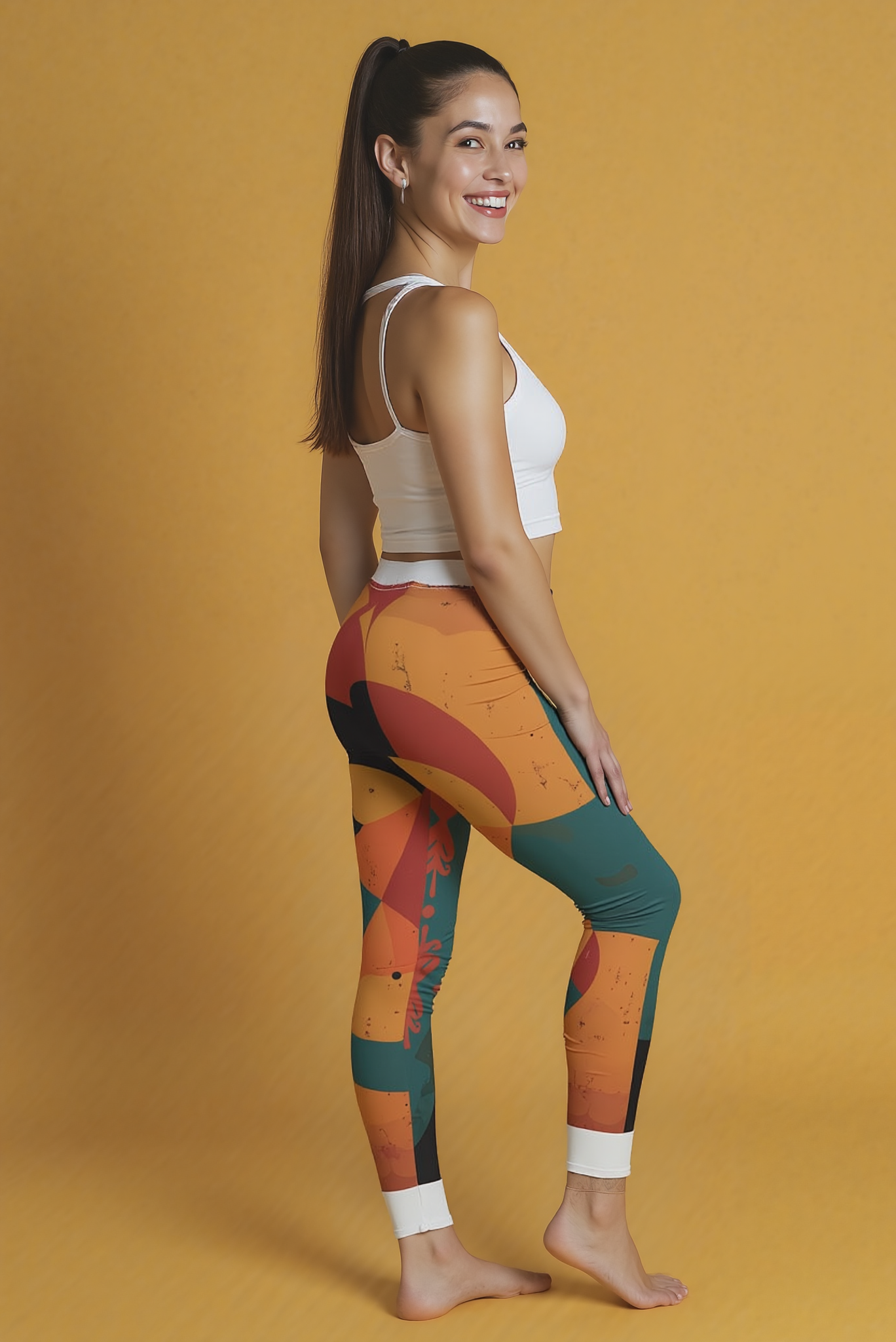 Side view of a model in stylish women's casual leggings, AOP print activewear, highlighting the vibrant design and slim fit. These high-waist leggings are designed for both style and performance, featuring a seamless cut and compression technology to ensure they are squat-proof and ideal for gym sessions.