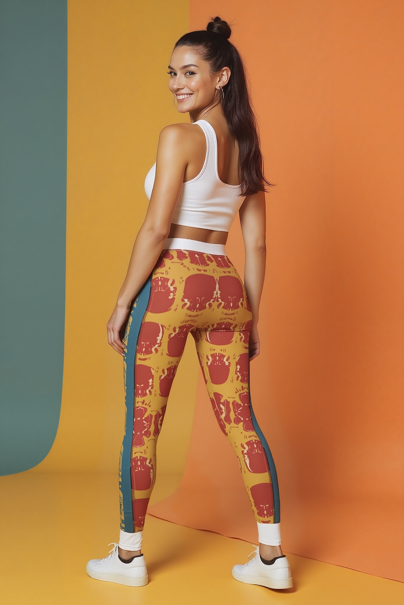 Elegant Women's Cut & Sew Casual Leggings (AOP) showcasing a bold design, crafted for fashionable workouts and everyday wear. These statement leggings, created by a talented designer, elevate your athleisure style with high-waist comfort. They feature squat-proof and compression technologies, along with 4-way stretch for optimal movement, ensuring they're your go-to gym leggings.