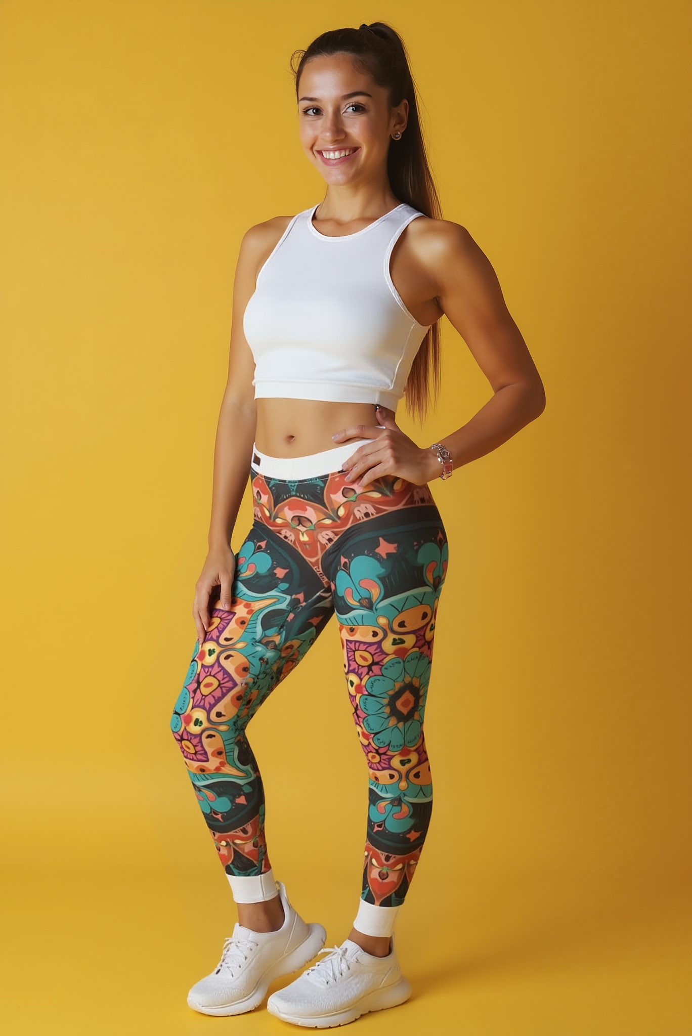 Smiling model in vibrant bohemian print high-waist leggings designed by Christofffe. The athleisure leggings provide a perfect mix of fashion and functionality with their squat-proof design and seamless fit. Ideal for both casual wear and intense workouts, these leggings encompass the essence of statement leggings and gym leggings.