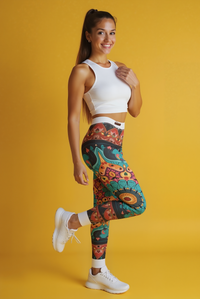 A cheerful model in vibrant bohemian print leggings, embodying a casual yet chic style perfect for festivals or workout sessions. These designer leggings are high-waisted, seamless, and offer excellent compression, making them the go-to sport-luxe leggings for anyone seeking comfort and style in their athleisure wardrobe.