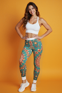 A smiling model wearing vibrant Boho women's leggings, emphasizing their unique artwork and sporty silhouette. These designer leggings feature high-waist styling, providing a flattering fit while offering 4-way stretch and seamless comfort. Perfect for gym sessions or stylish athleisure outfits, these sport-luxe leggings ensure you look great while staying active.