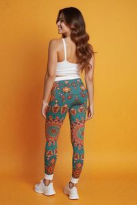 A model showcasing vibrant Boho women's leggings, highlighting their stylish design and comfortable fit. These statement leggings are crafted for casual wear or workouts, making them perfect as high-waist leggings with 4-way stretch and compression technology. Ideal for the gym or athleisure looks, these squat-proof leggings blend fashion and function effortlessly.