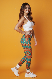 Vibrant Boho Women's Leggings displayed on a model giving a side profile, emphasizing the chic look of these statement leggings. Perfectly fitted high-waist leggings are designed for performance and style. Enjoy the compression and seamless features, ensuring your movements are unrestricted in these squat-proof, 4-way stretch gym leggings, ideal for athleisure and fitness activities.