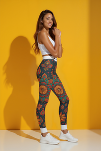 Side view of a model in Bohemian Floral Leggings, displaying the comfort and flexibility of this activewear for fitness and casual styling.