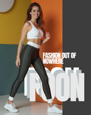 Model showcasing Women's Cut & Sew Casual Leggings (AOP) from Printify, featuring a trendy design with a black color scheme and stylish white accents.