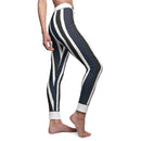 Stylish casual striped leggings for women showcasing a side view, perfect for yoga and fitness activities. These trendy activewear pants offer comfort and a unique design with vibrant stripes.