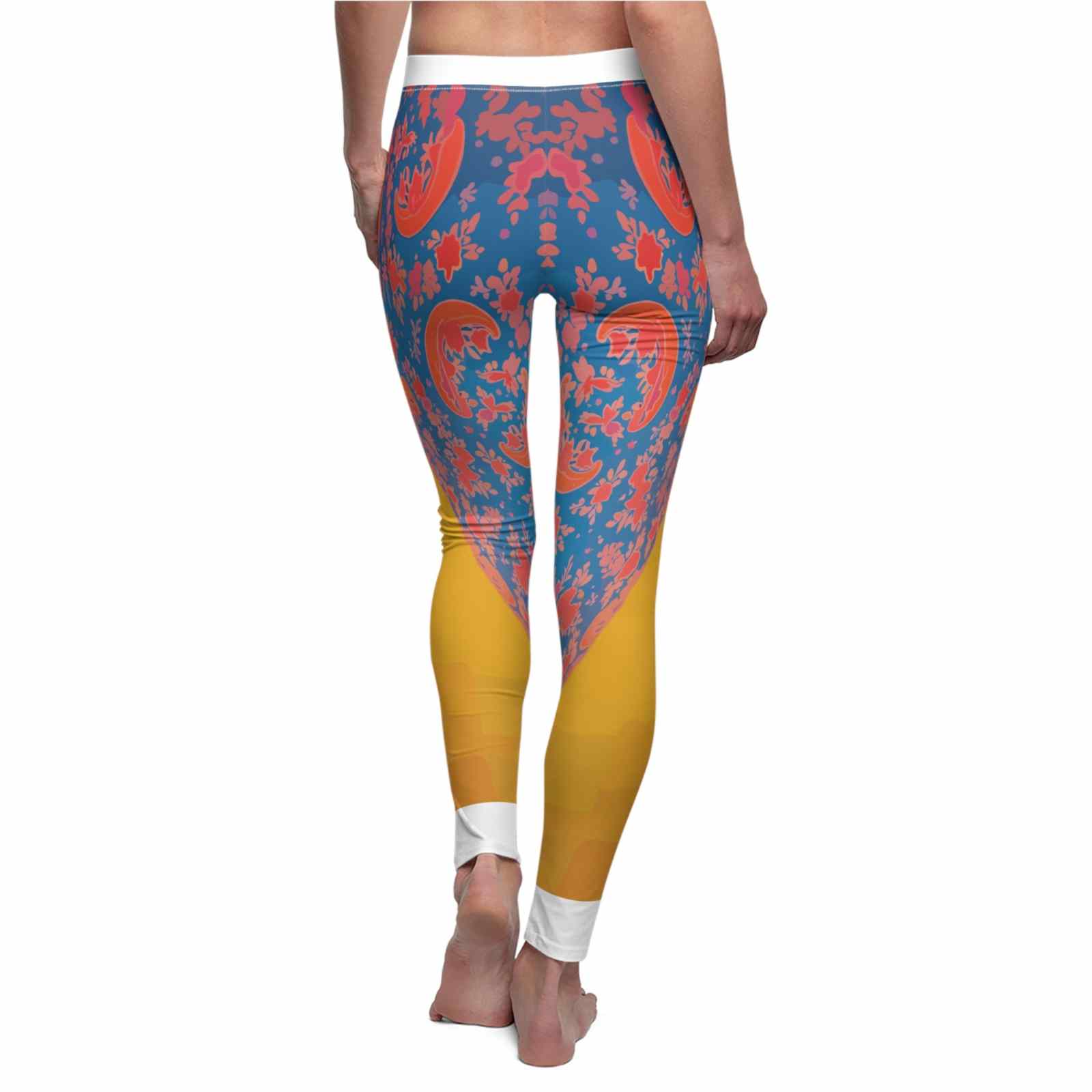 Back side of a model showcasing vibrant Women's Casual Leggings with a beautiful floral pattern, providing both style and functionality. These high-waist leggings are compression fit and gym-ready, ideal for athleisure and active lifestyles.
