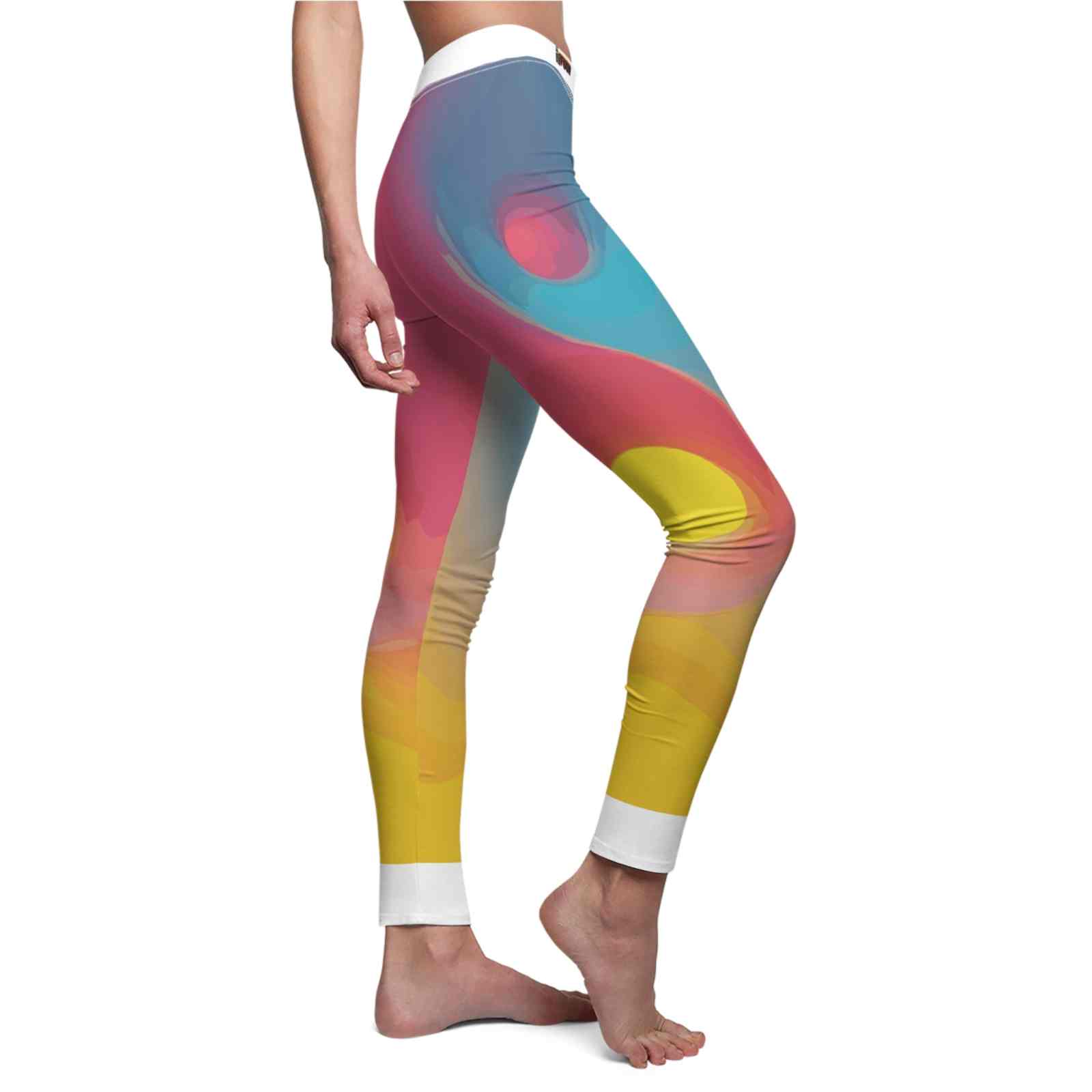 Side view of Vibrant Women's Leggings, highlighting the artistic design and trendy fit. These sport-luxe leggings are made from high-quality materials, providing comfort and flexibility. With a high-waist style, they are designed as squat-proof leggings, perfect for workouts or casual outings. Embrace the chic athleisure look with these statement leggings, featuring 4-way stretch for maximum movement and seamless comfort.