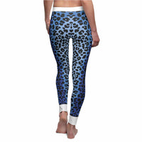 Rear view of the Blue Leopard Print Leggings for Women, emphasizing the stylish design suitable for yoga and casual loungewear.